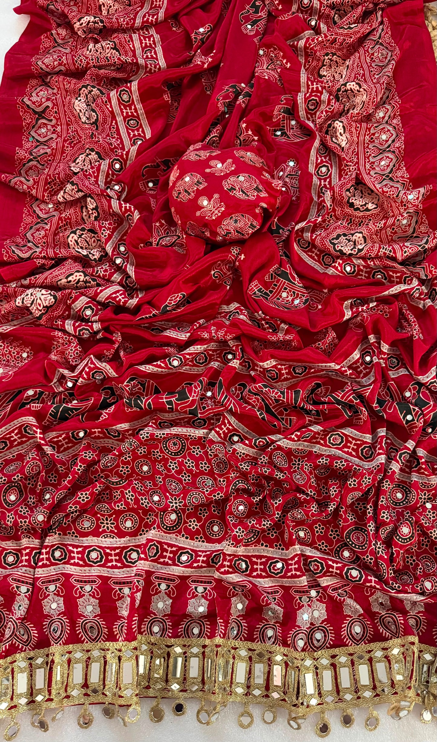 Pure Ajrakh Satin Silk Saree with Heavy Mirror Work