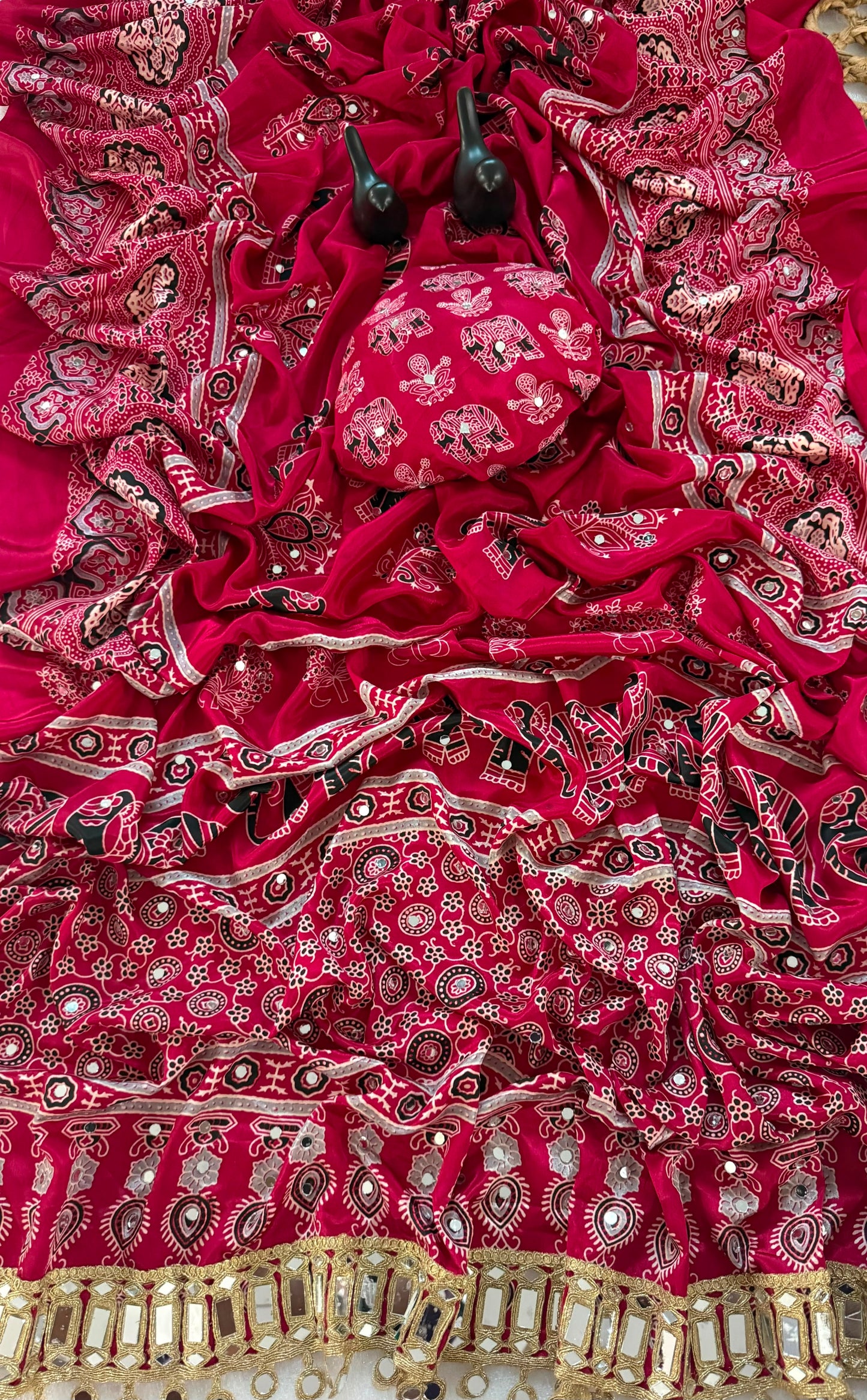 Pure Ajrakh Satin Silk Saree with Heavy Mirror Work