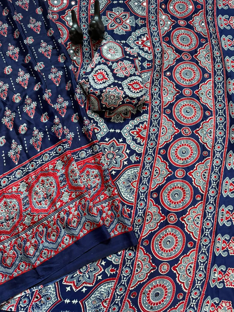 Pure Ajrakh Satin Silk Saree with Heavy Mirror Work