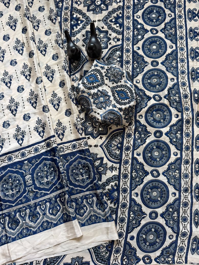 Pure Ajrakh Satin Silk Saree with Heavy Mirror Work