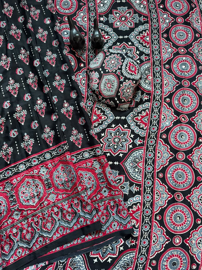 Pure Ajrakh Satin Silk Saree with Heavy Mirror Work