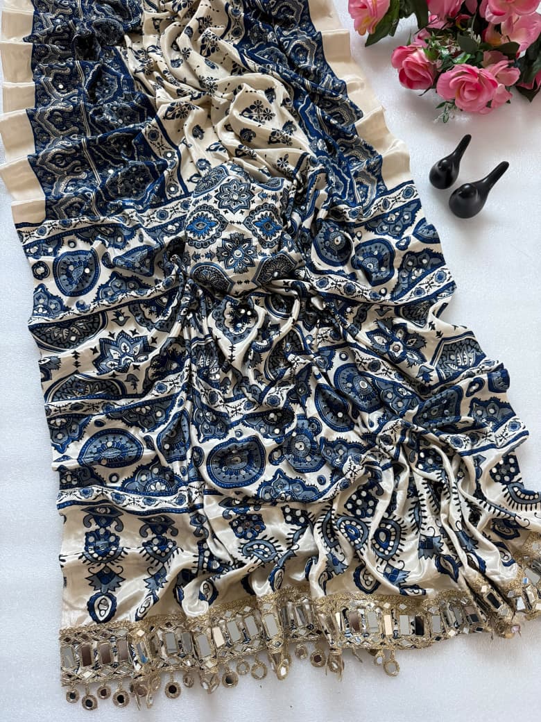 Pure Ajrakh Satin Silk Saree with Heavy Mirror Work