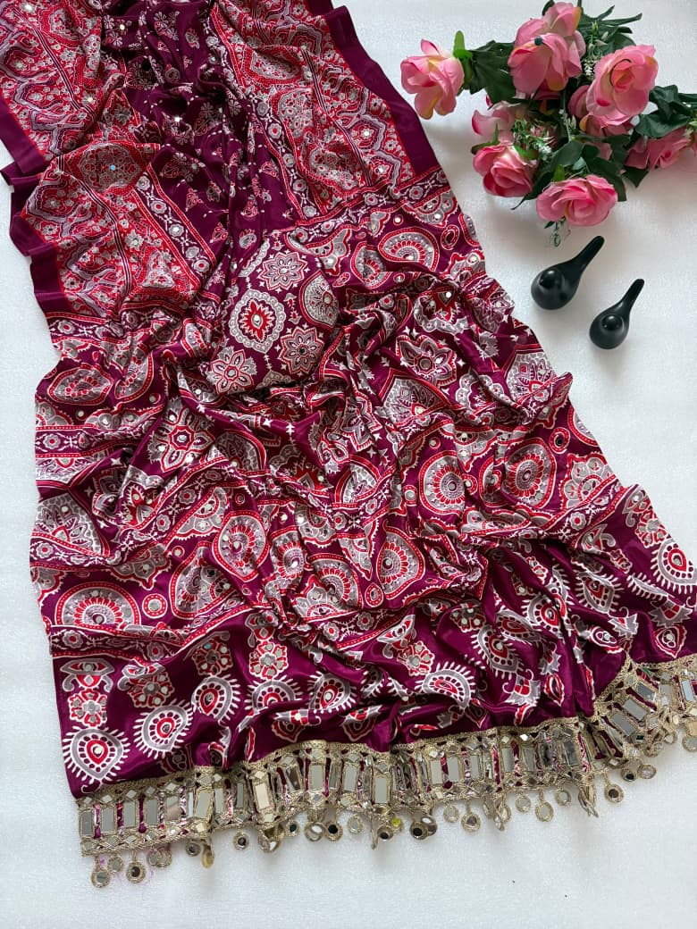 Pure Ajrakh Satin Silk Saree with Heavy Mirror Work