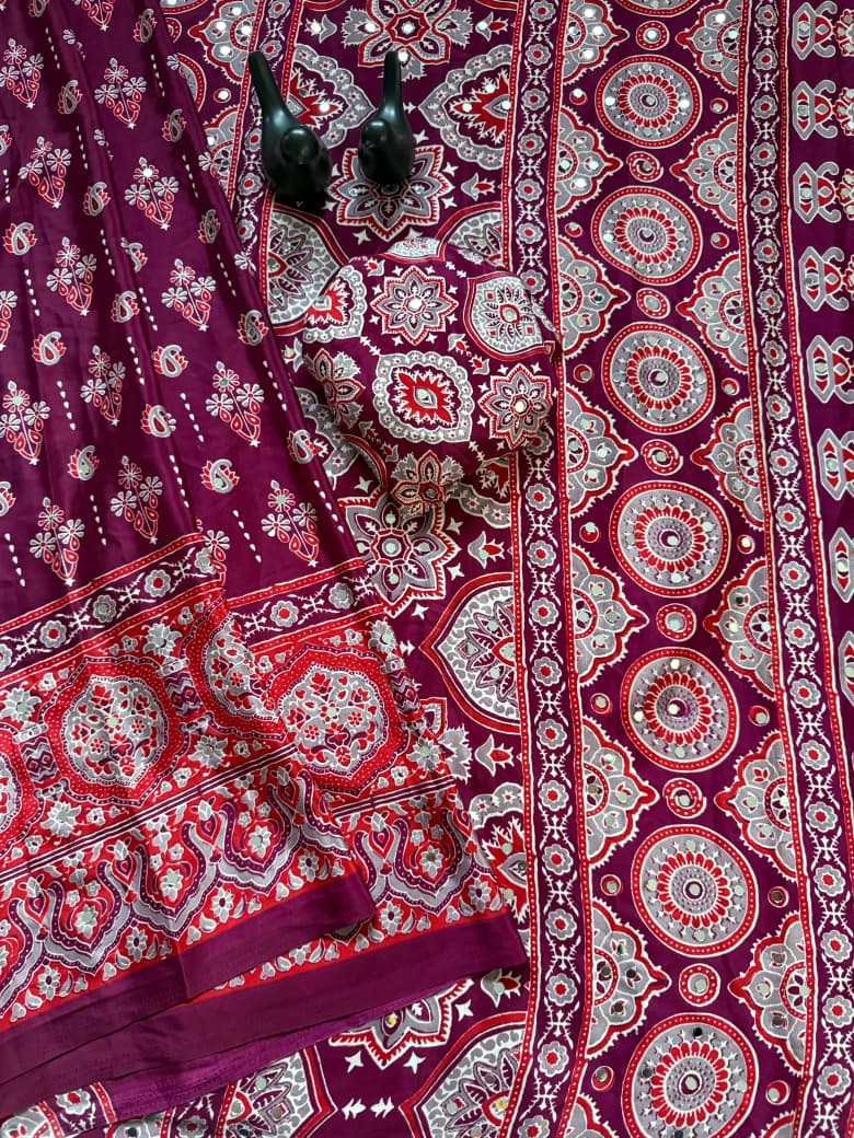 Pure Ajrakh Satin Silk Saree with Heavy Mirror Work