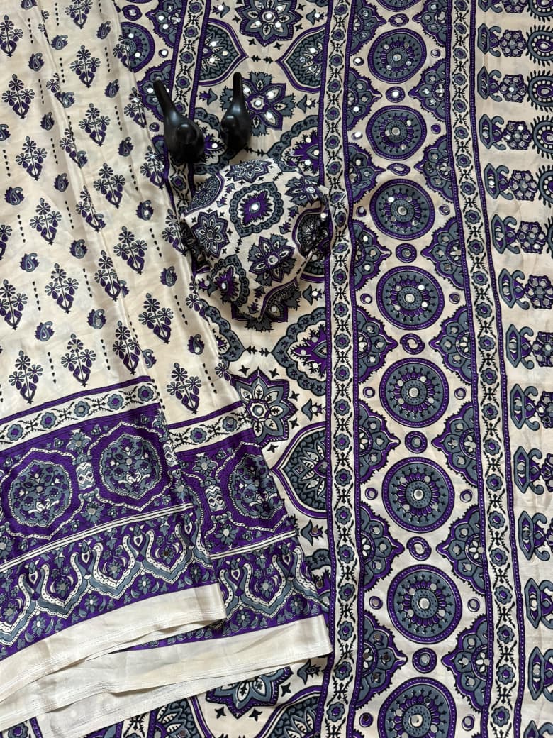 Pure Ajrakh Satin Silk Saree with Heavy Mirror Work
