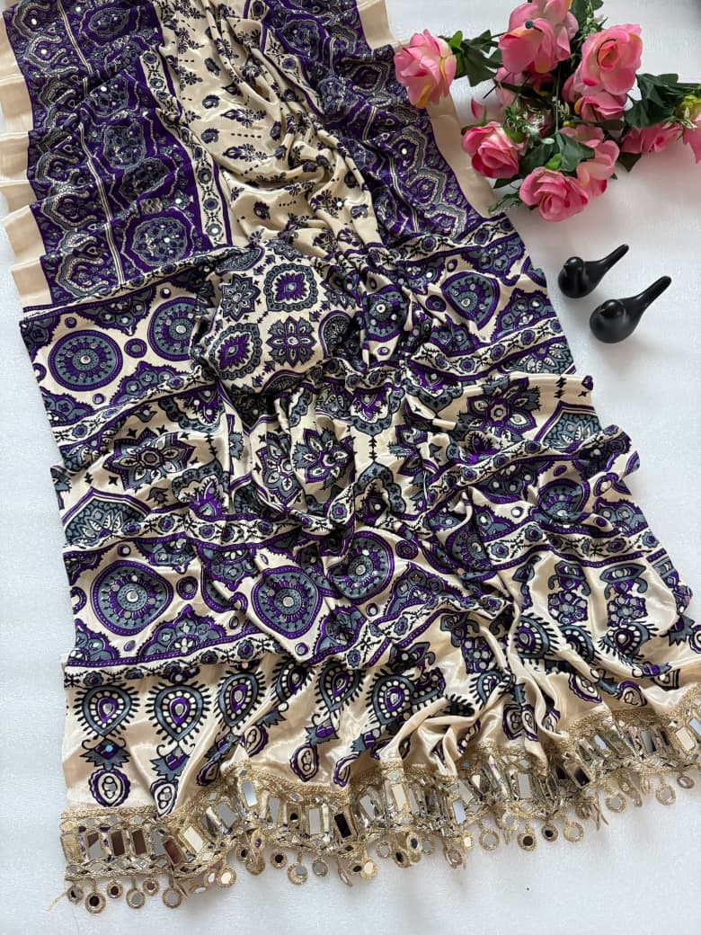 Pure Ajrakh Satin Silk Saree with Heavy Mirror Work