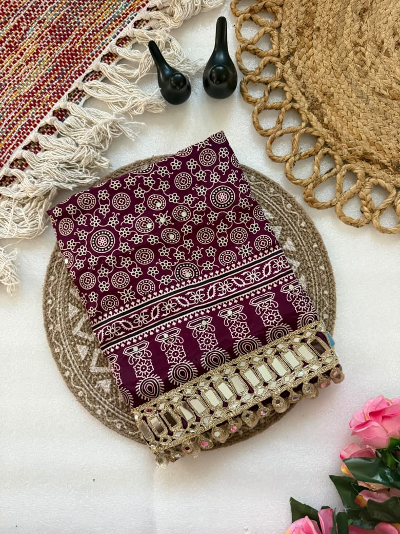 Pure Ajrakh Satin Silk Saree with Heavy Mirror Work