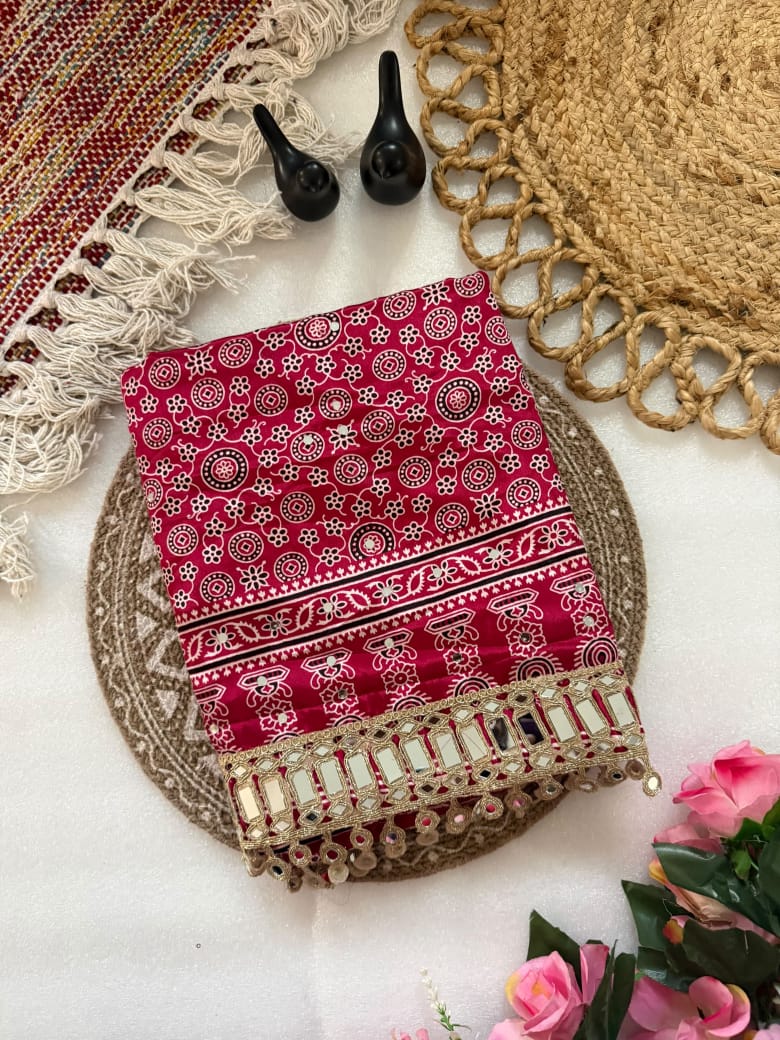 Pure Ajrakh Satin Silk Saree with Heavy Mirror Work