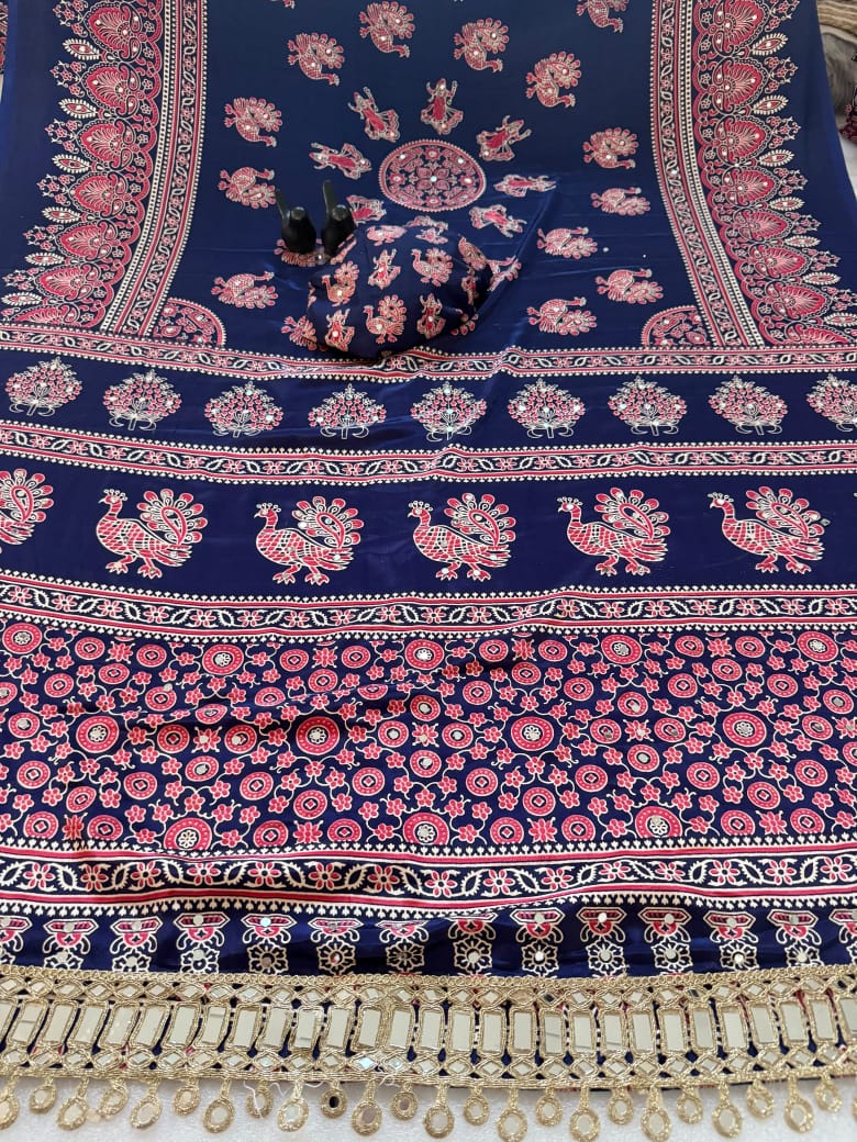Pure Ajrakh Satin Silk Saree with Heavy Mirror Work