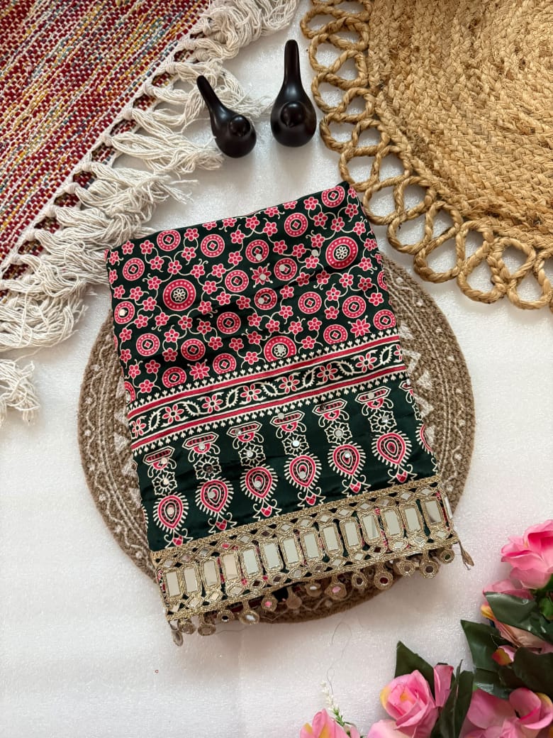 Pure Ajrakh Satin Silk Saree with Heavy Mirror Work