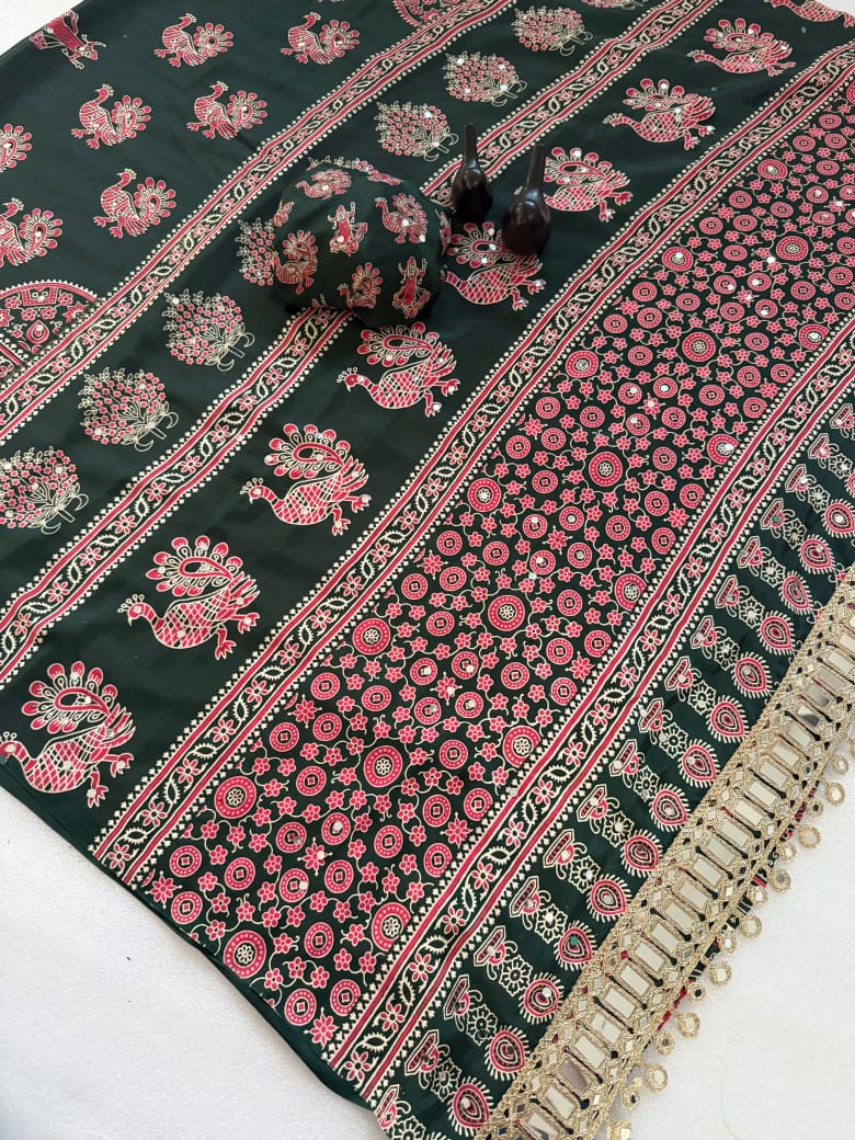 Pure Ajrakh Satin Silk Saree with Heavy Mirror Work