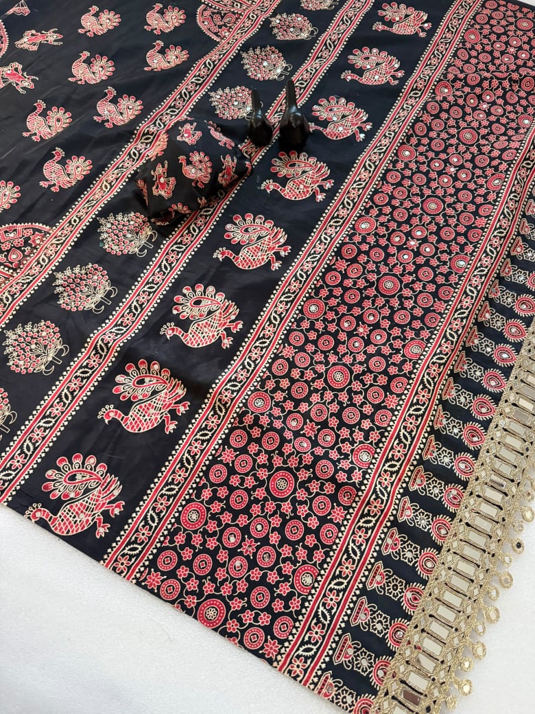 Pure Ajrakh Satin Silk Saree with Heavy Mirror Work