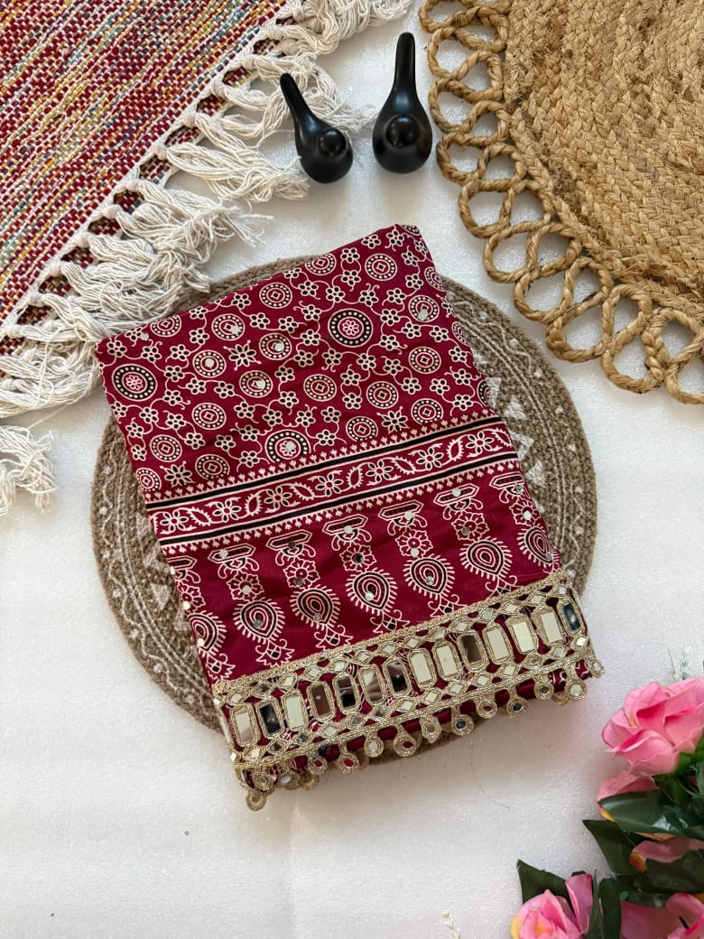 Pure Ajrakh Satin Silk Saree with Heavy Mirror Work