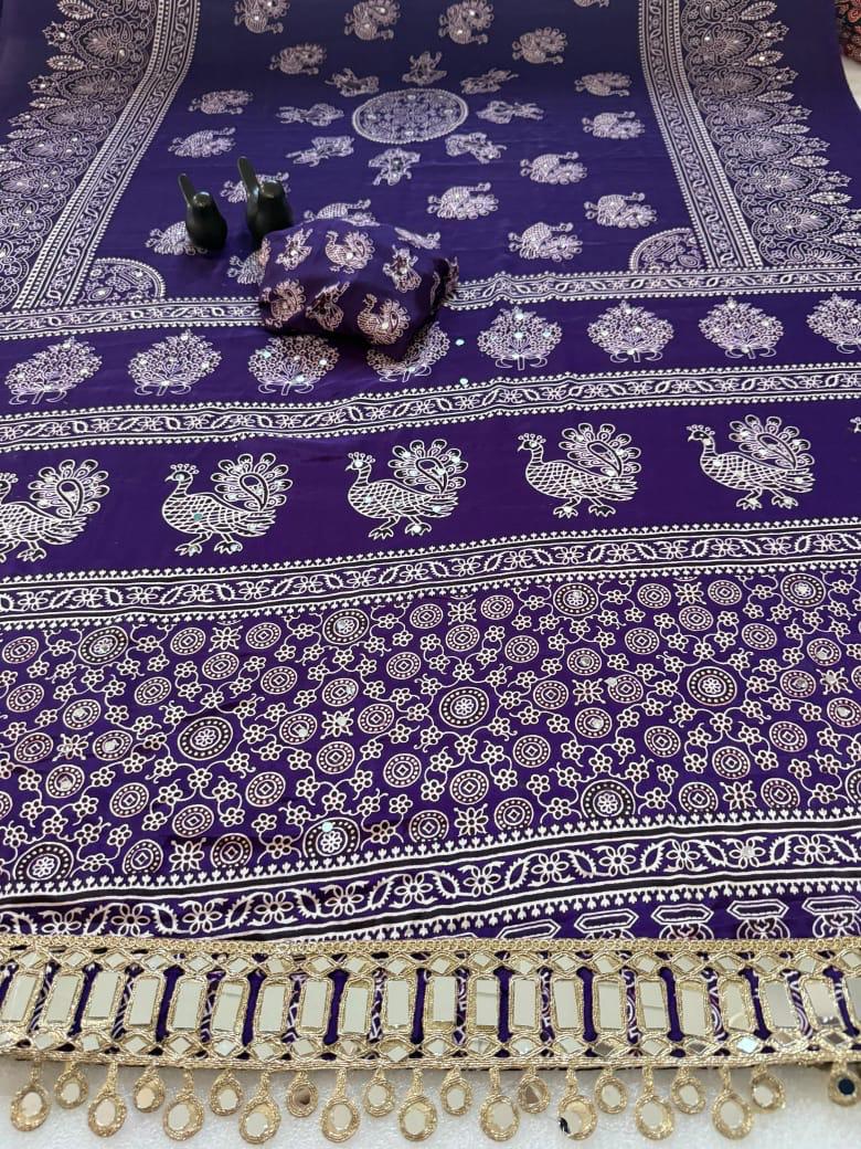 Pure Ajrakh Satin Silk Saree with Heavy Mirror Work