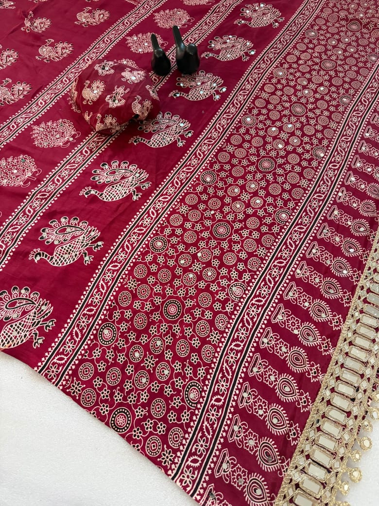 Pure Ajrakh Satin Silk Saree with Heavy Mirror Work