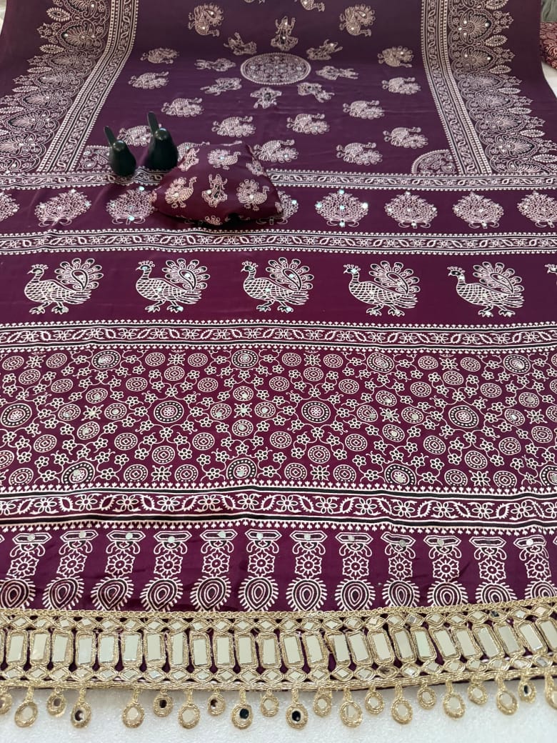 Pure Ajrakh Satin Silk Saree with Heavy Mirror Work