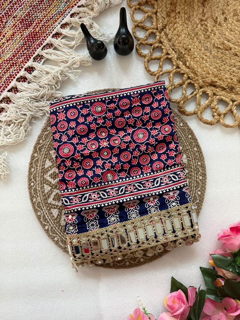 Pure Ajrakh Satin Silk Saree with Heavy Mirror Work