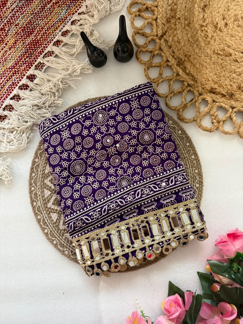 Pure Ajrakh Satin Silk Saree with Heavy Mirror Work