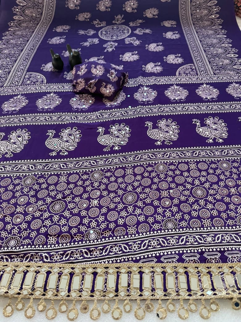 Pure Ajrakh Satin Silk Saree with Heavy Mirror Work
