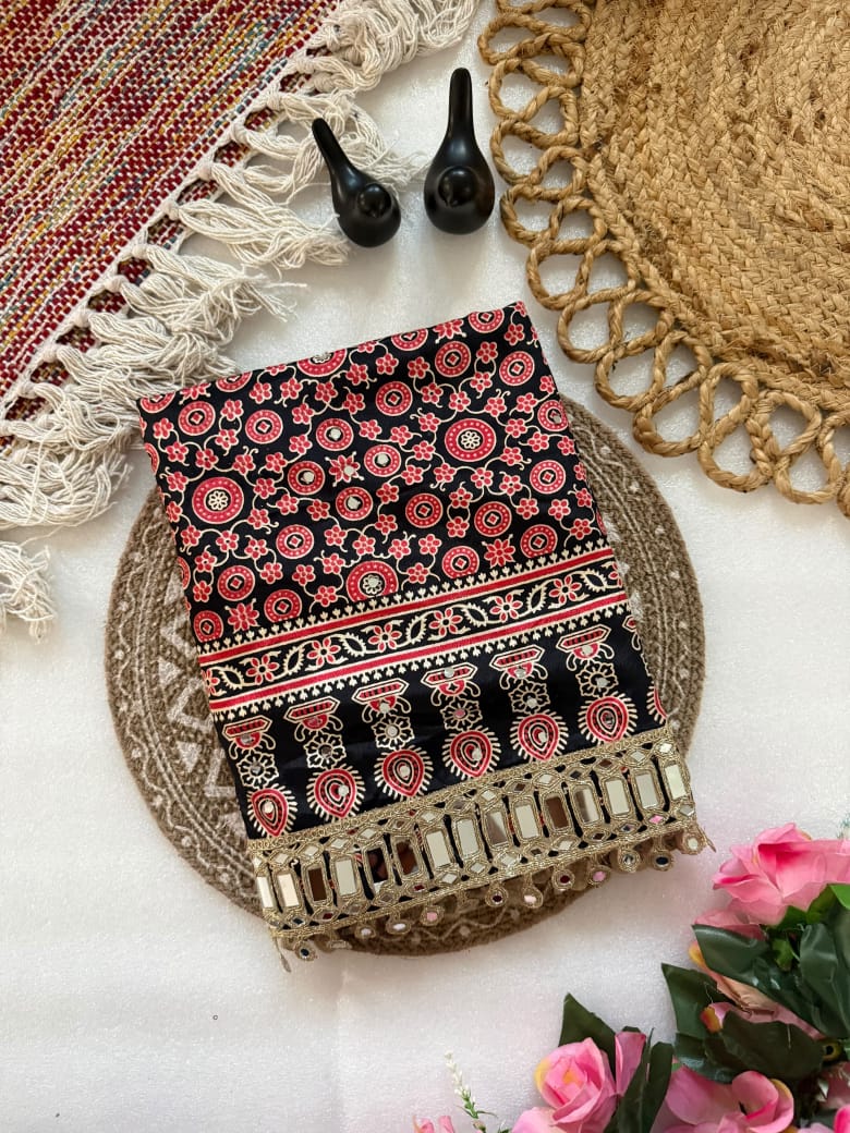 Pure Ajrakh Satin Silk Saree with Heavy Mirror Work