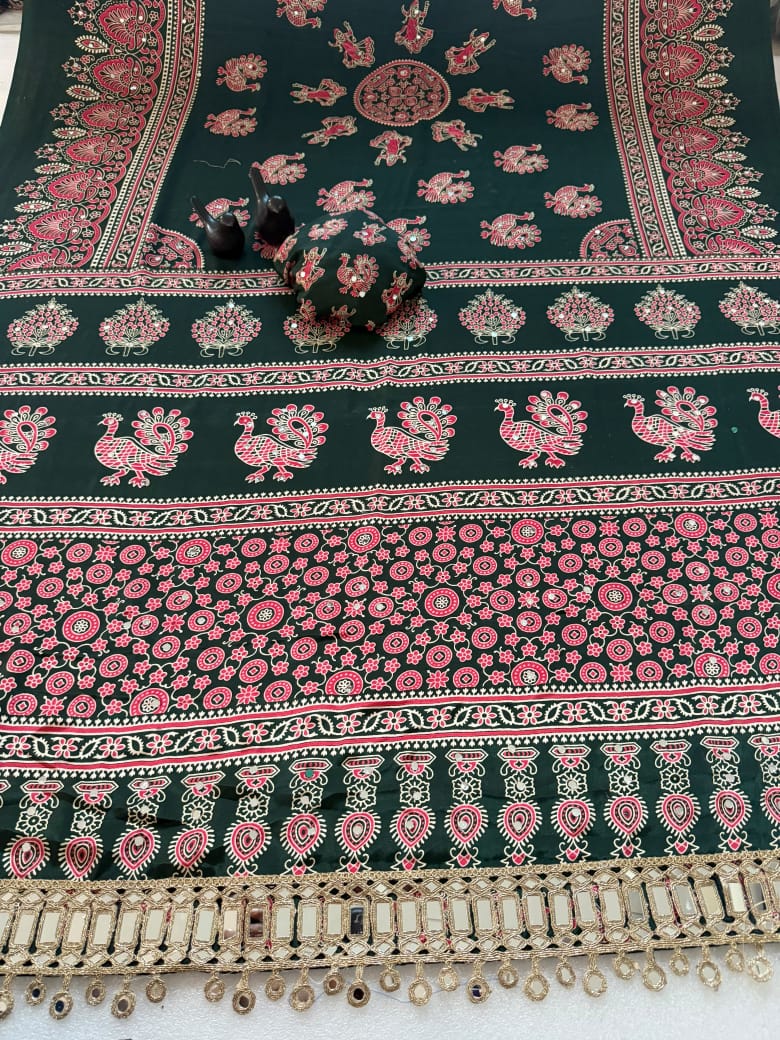 Pure Ajrakh Satin Silk Saree with Heavy Mirror Work