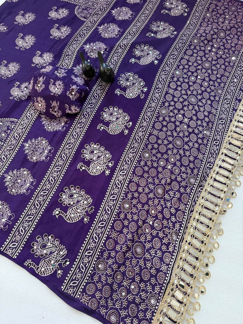 Pure Ajrakh Satin Silk Saree with Heavy Mirror Work