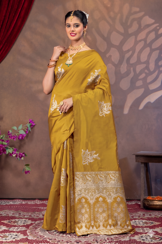 Mustard Yellow Silk Saree with Real Zari Woven Design