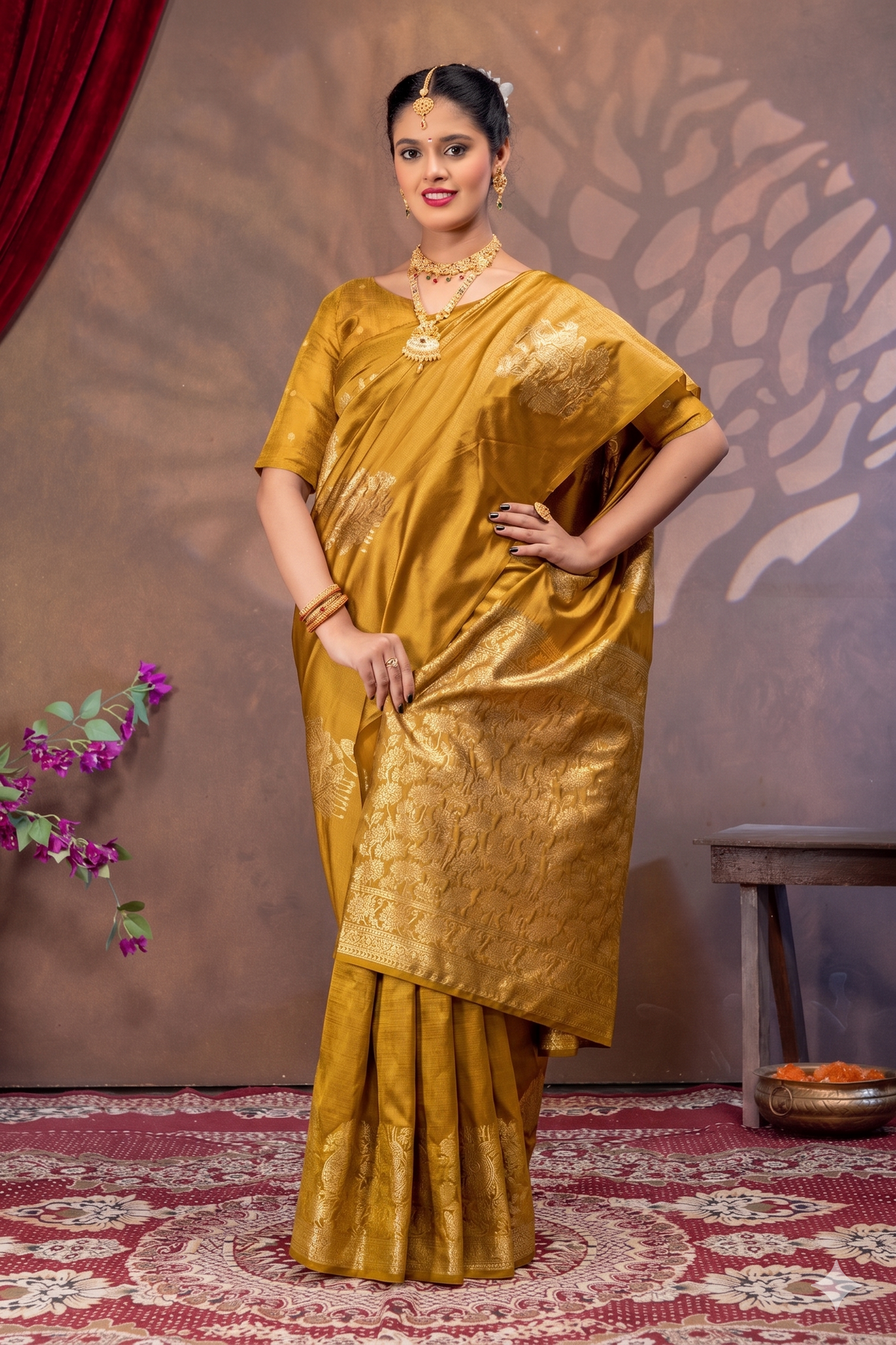 Royal Mustrad yellow Silk Saree with All Over Real Zari Woven Design