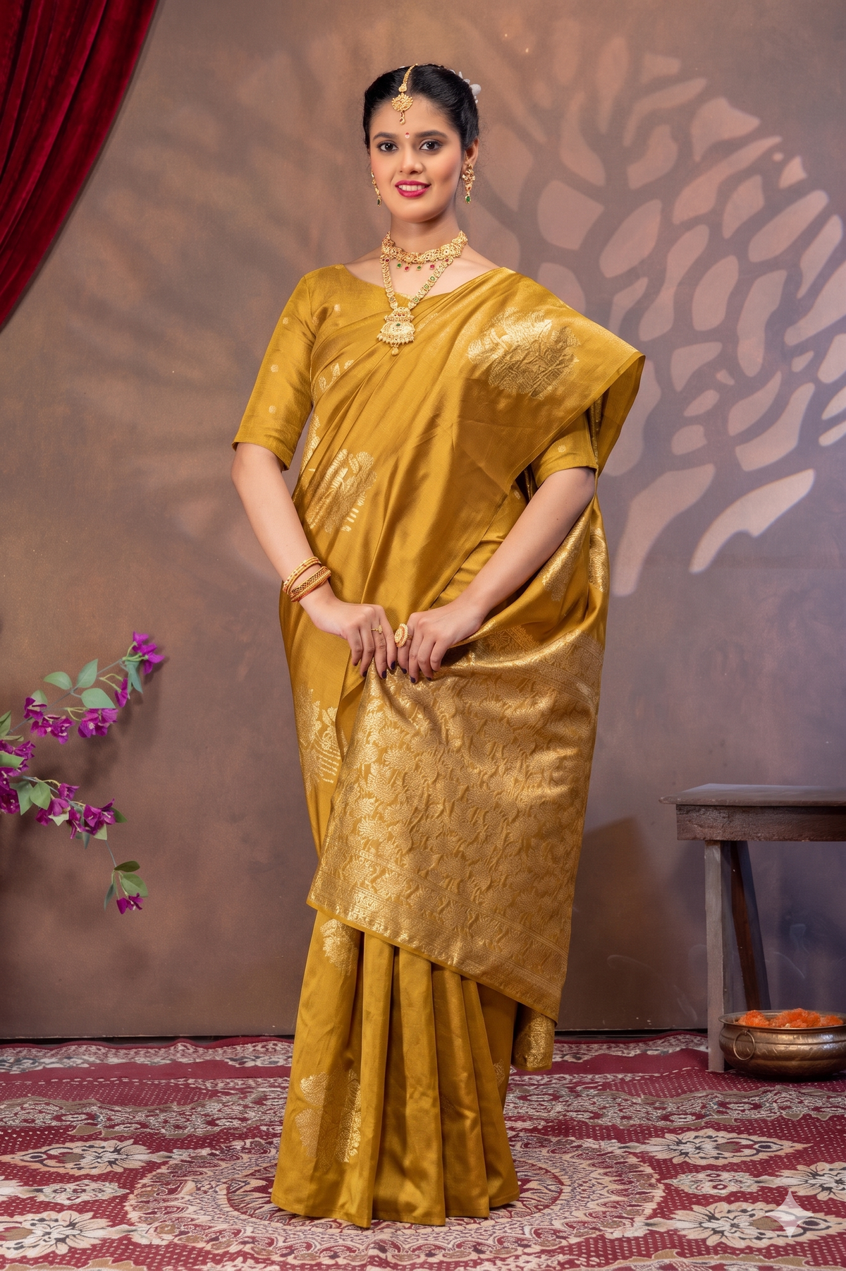 Royal Mustrad yellow Silk Saree with All Over Real Zari Woven Design
