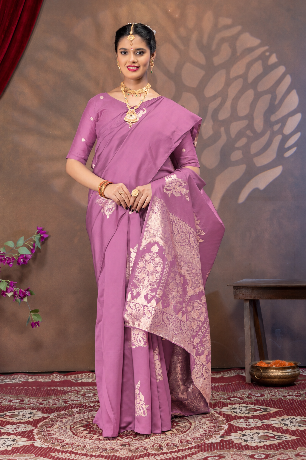 Pitch Pink Silk Saree with Real Zari Woven Design