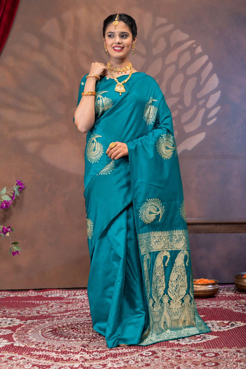 Teal Rama Silk Saree with All Over Real Zari Woven Peacock Design