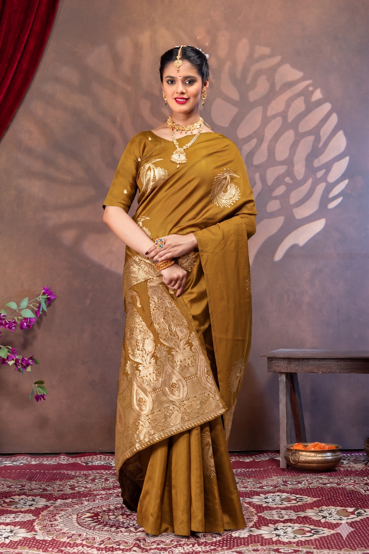 Yellow Mustard Silk Saree with All Over Real Zari Woven Peacock Design (Copy)