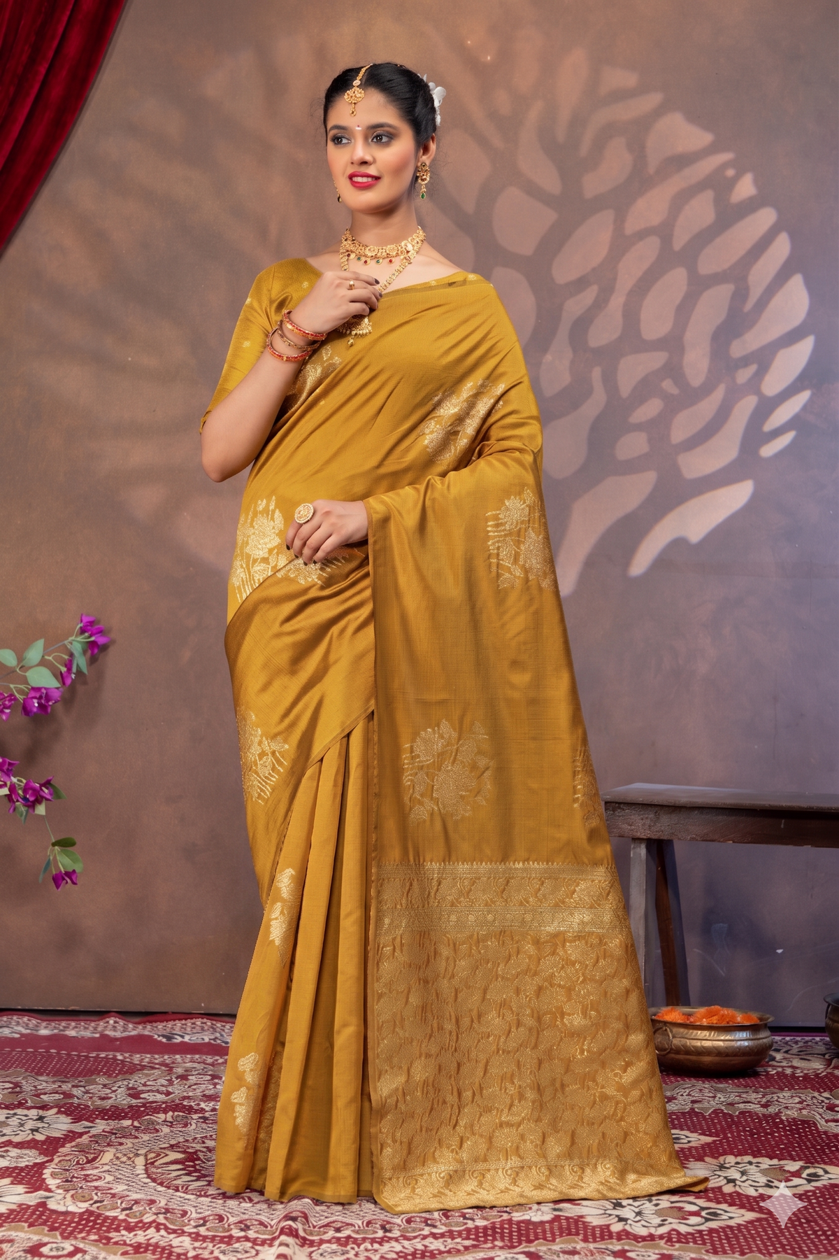 Royal Mustrad yellow Silk Saree with All Over Real Zari Woven Design