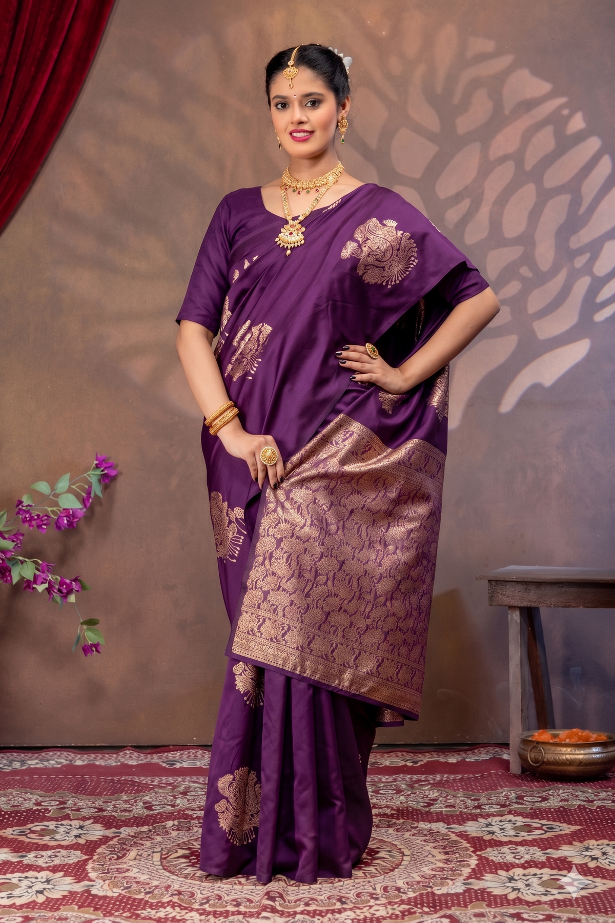 Royal Purple Silk Saree with All Over Real Zari Woven Design