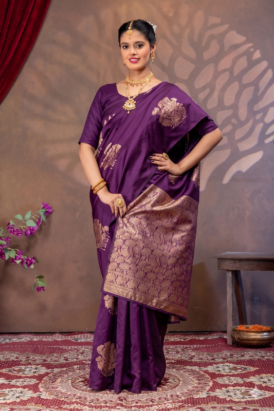 Royal Purple Silk Saree with All Over Real Zari Woven Design