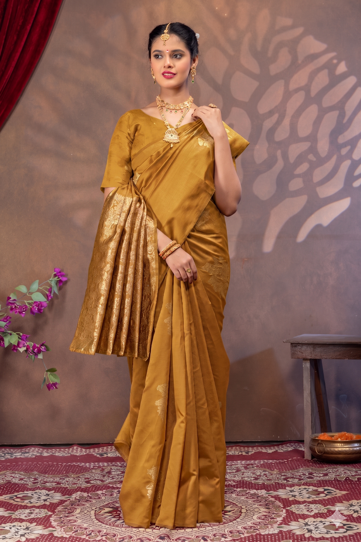 Royal Mustrad yellow Silk Saree with All Over Real Zari Woven Design