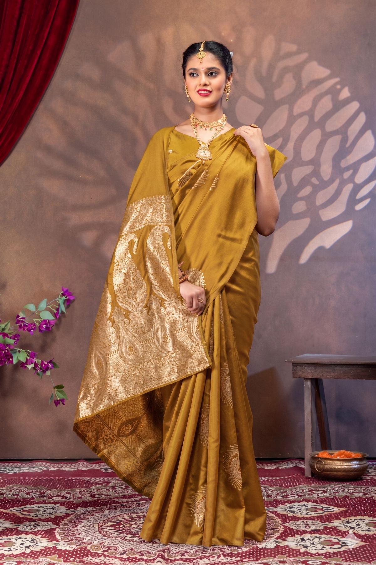 Yellow Mustard Silk Saree with All Over Real Zari Woven Peacock Design (Copy)