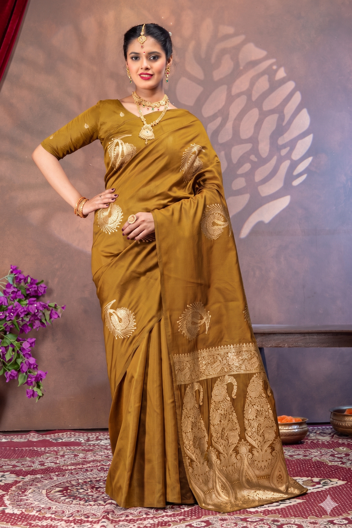 Yellow Mustard Silk Saree with All Over Real Zari Woven Peacock Design (Copy)