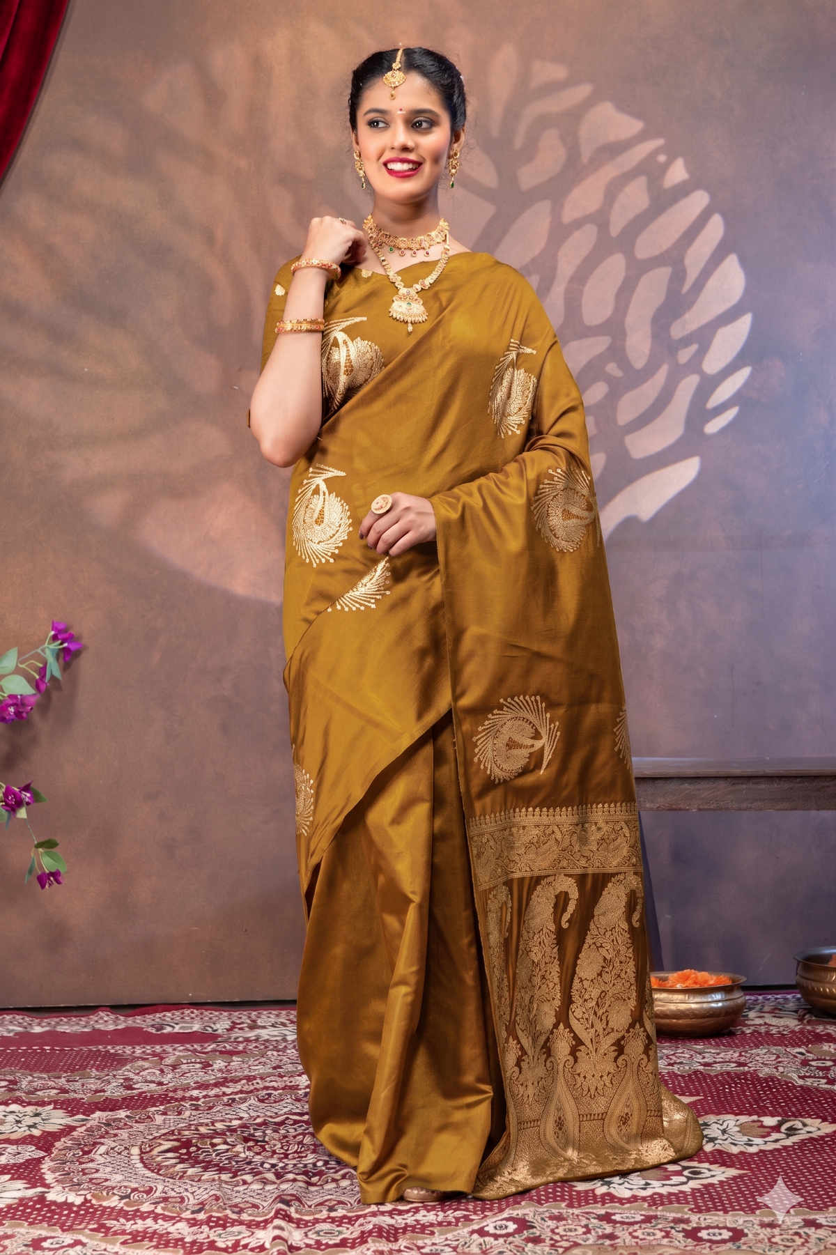 Yellow Mustard Silk Saree with All Over Real Zari Woven Peacock Design (Copy)