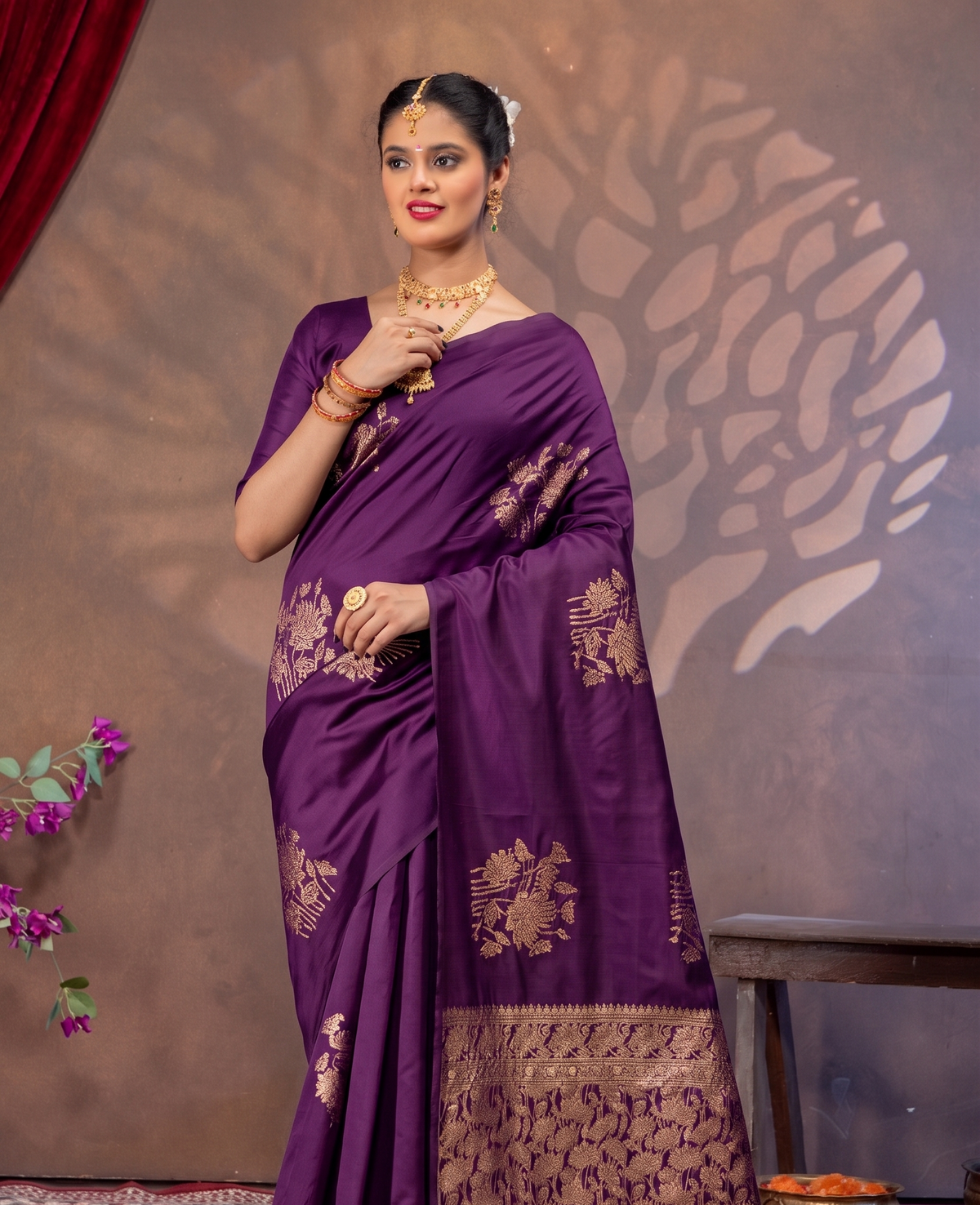 Royal Purple Silk Saree with All Over Real Zari Woven Design