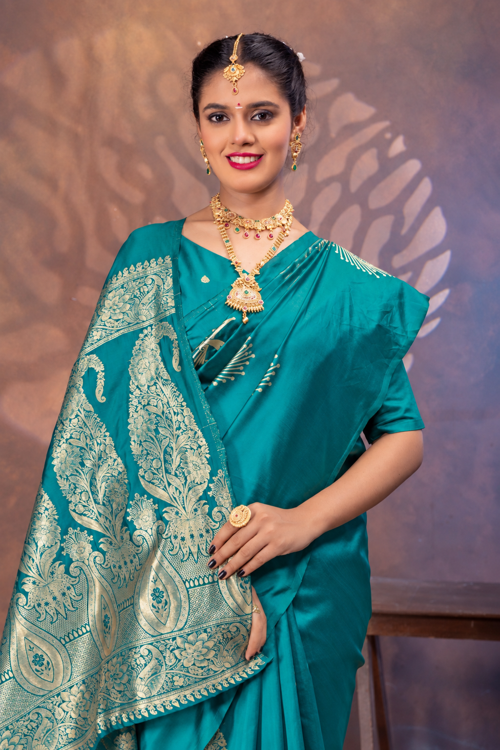Teal Rama Silk Saree with All Over Real Zari Woven Peacock Design