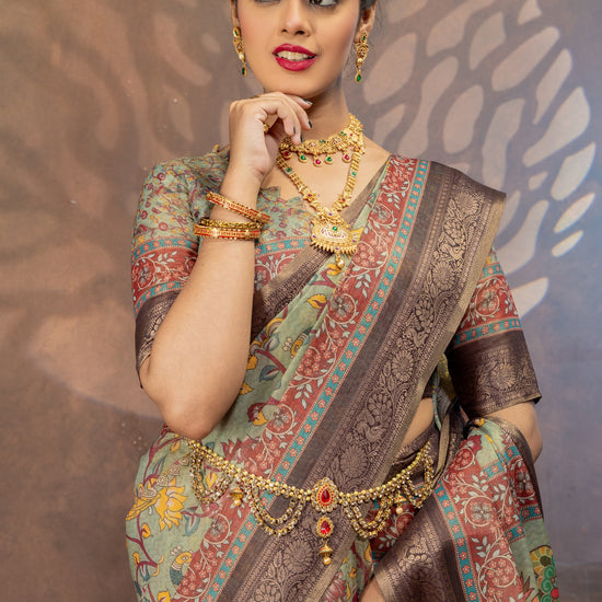 Cotton Silk Saree, Kalamkari Saree, Heritage Village Art Design Saree, Traditional Saree, Festival Wear Saree