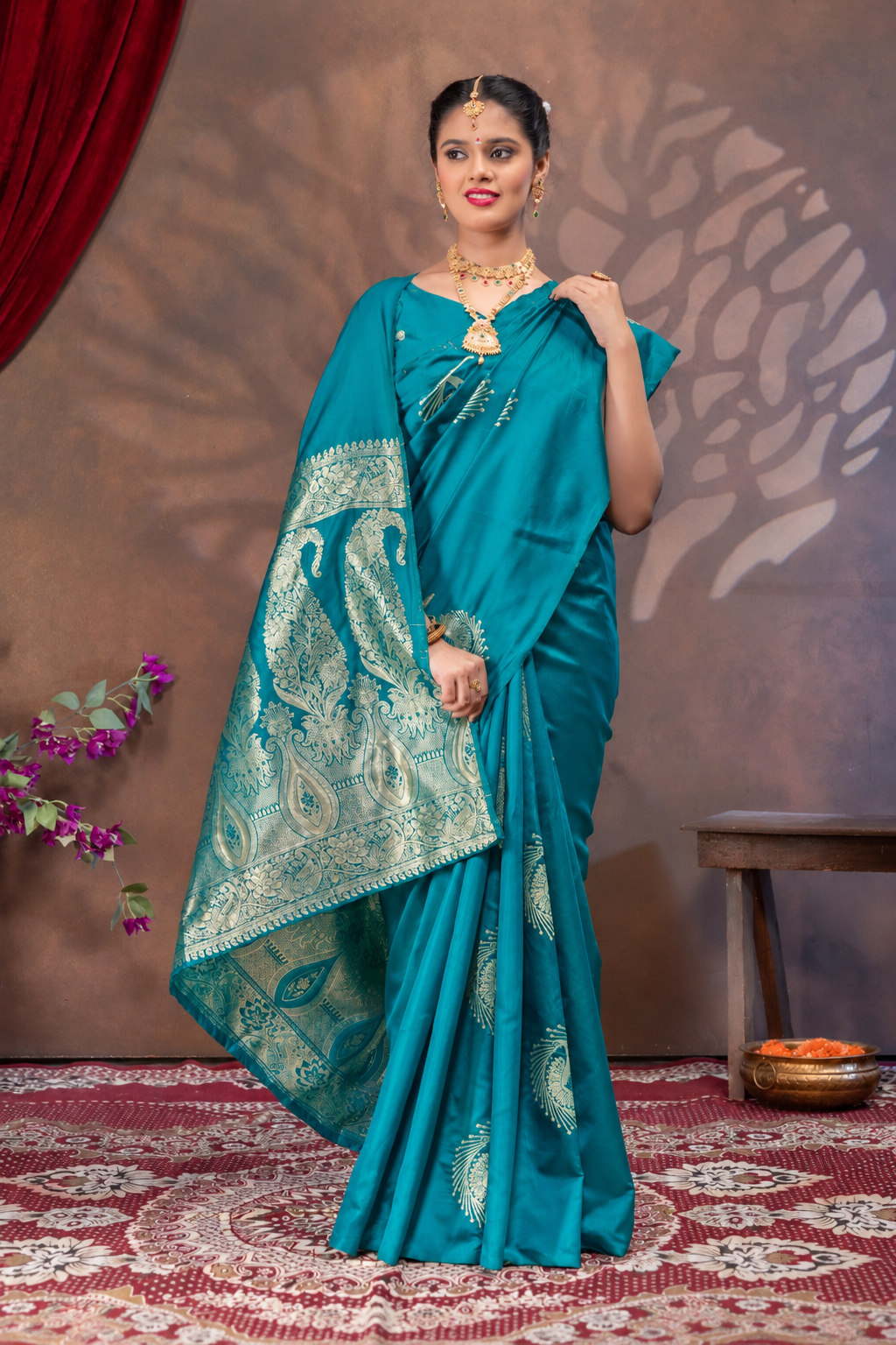 Teal Rama Silk Saree with All Over Real Zari Woven Peacock Design