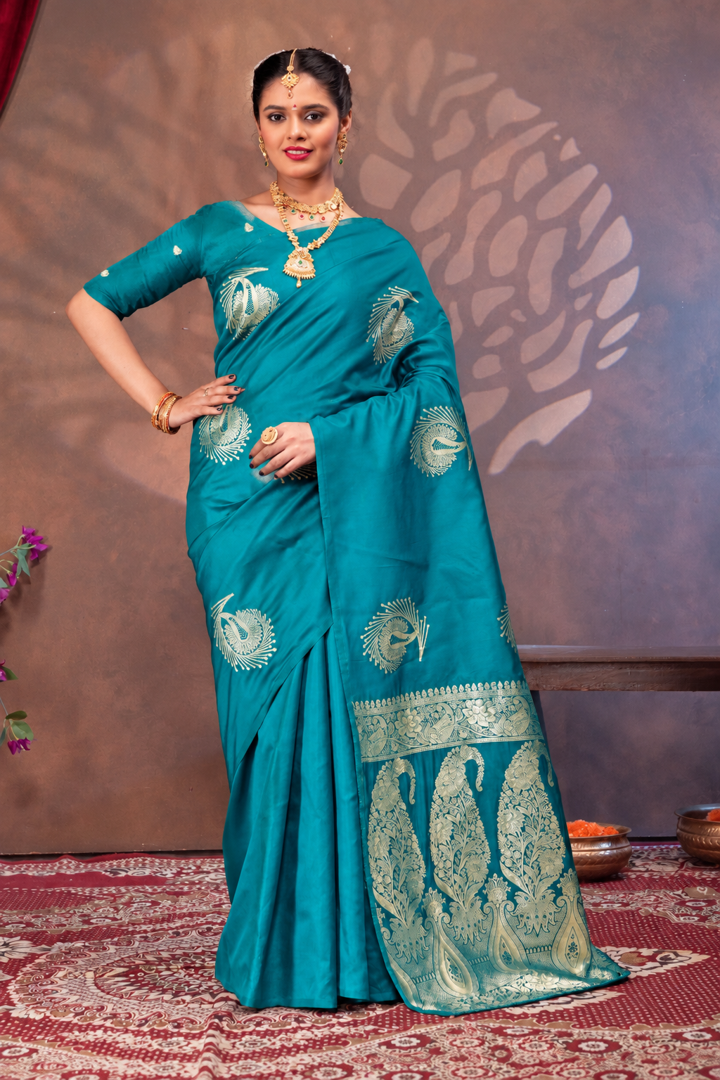 Teal Rama Silk Saree with All Over Real Zari Woven Peacock Design