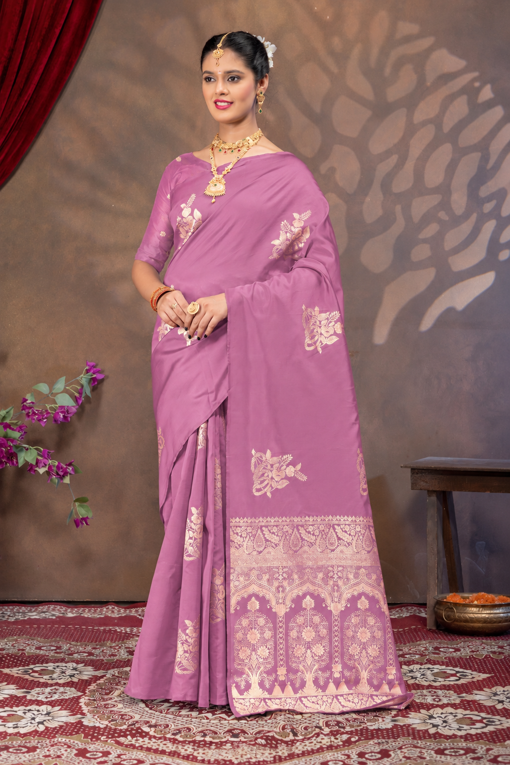 Pitch Pink Silk Saree with Real Zari Woven Design