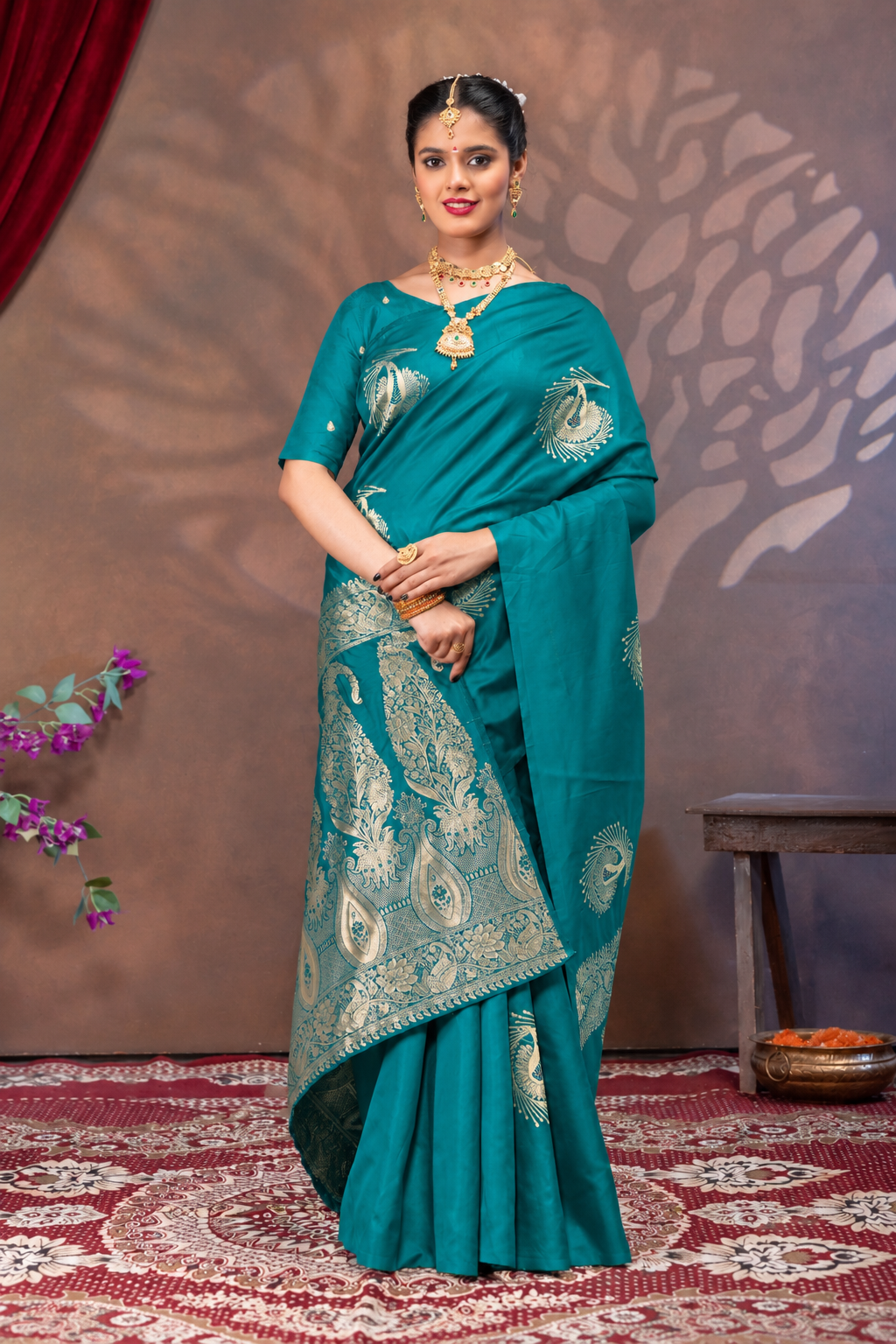 Teal Rama Silk Saree with All Over Real Zari Woven Peacock Design